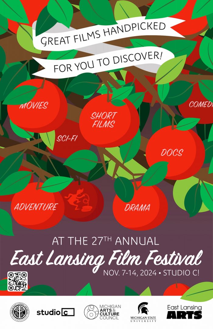 Poster for the 2024 East Lansing Film Festival. A ribbon in a tree reads, "Great Films handpicked for you to discover!" Apples with labels, "movies," "Short Films," "Comedy," "Sci-Fi," "Docs," "Adventure," and "Drama" hang from a tree. The text at the bottom reads, "At The 27th annual East Lansing Film Festival, November 7-14, 2024 Studio C!