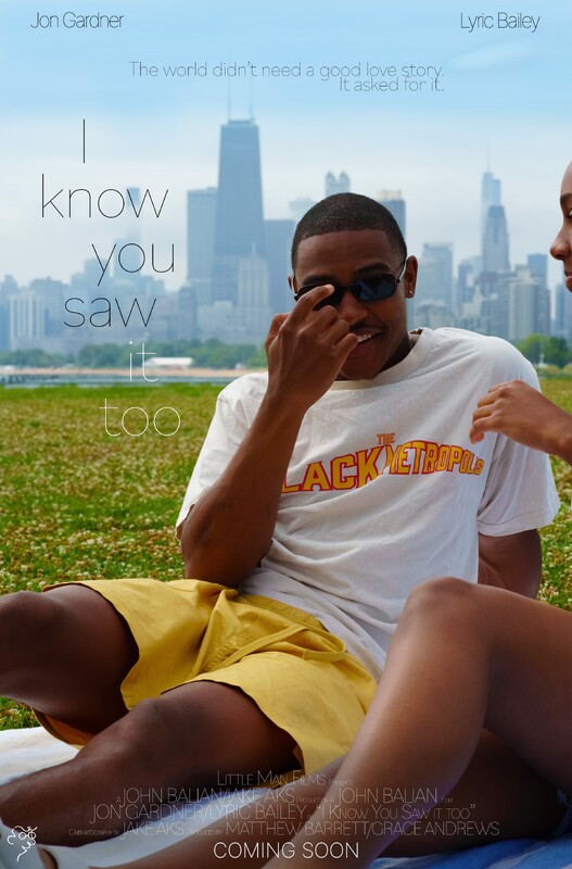 A man in sunglasses and a white t shirt smiles while adjusting his glasses and sitting on green grass next to another person, with a city skyline and tall buildings visible in the background, all presented as a movie poster.