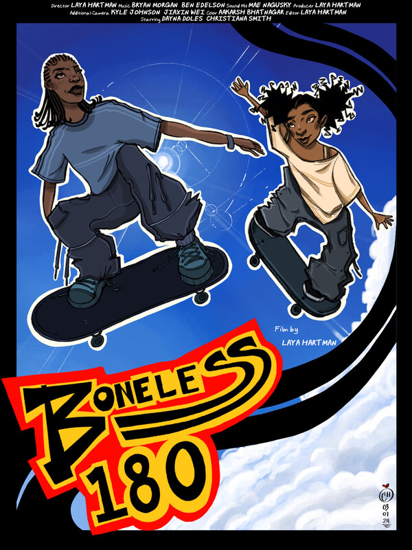 An animated illustration depicts two young women skateboarding in midair against a blue sky with white clouds, above the large yellow and red title Boneless 180.