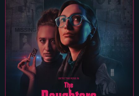 A poster for The Daughters of the Domino features two women, one in glasses looking up and another holding a domino tile, against a dark background filled with Wanted and Missing posters, cryptic symbols, a ghostly figure, and the somber face of a bearded man.