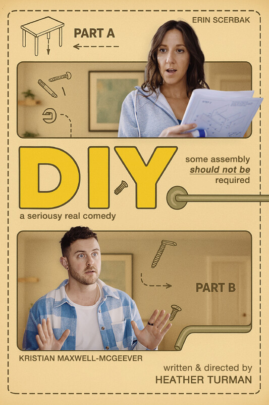 This beige poster, designed like an instruction manual, features a perplexed woman holding assembly plans and a surprised man with raised hands, surrounded by diagrams of furniture and screws for a comedy titled DIY.