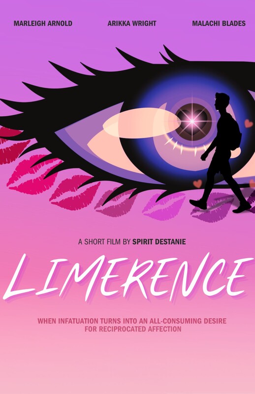 Against a pink and purple gradient, a movie poster depicts a large stylized eye with a starry pupil encompassing a heart, pink kiss marks forming its lower lashes, and a walking silhouette leaving a trail of hearts across the eye, accompanied by the prominent title Limerence and other film credits.