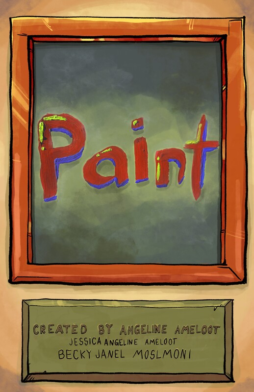 A framed picture displays the word Paint artfully drawn in red, blue, and yellow on a dark background, with a plaque beneath crediting Angeline Ameloot, Jessica Angeline Ameloot, and Becky Janel Moslmoni as creators.