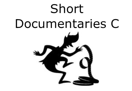 The image displays the title Short Documentaries C above a black silhouette of a whimsical, horned figure interacting with a strip of film uncoiling on the ground.