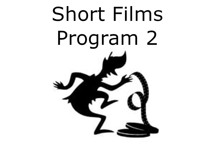 The image displays the text Short Films Program 2 above a black silhouette of a stylized figure reaching towards a coiled film strip and several film reels.