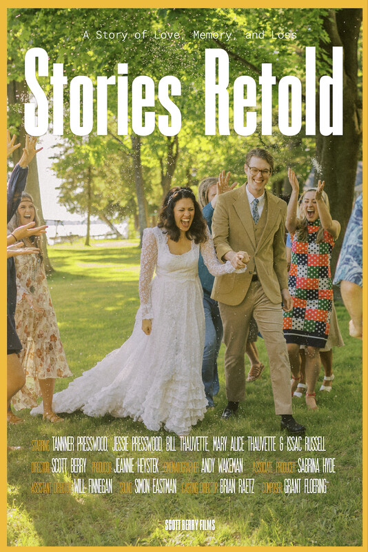 A movie poster features a smiling bride and groom walking hand in hand through a grassy park while guests throw white particles in celebration, all beneath the prominent title Stories Retold and a block of production credits.