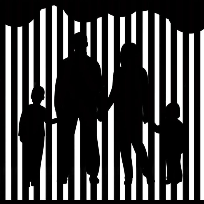 Black silhouettes of a family of four holding hands stand against a background of vertical black and white stripes with a wavy top edge.