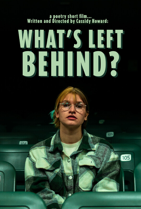 A person with glasses, blonde and teal hair, and a plaid shirt sits in a dark green stadium seat, with the title WHATS LEFT BEHIND? and film credits displayed above them.